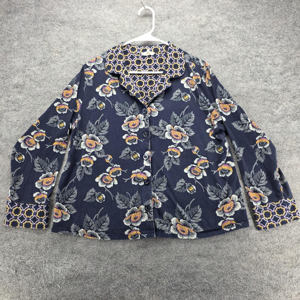 Vera Bradley Pajama Top Womens L Blue Floral Collared Long Sleeve Relaxed Fit